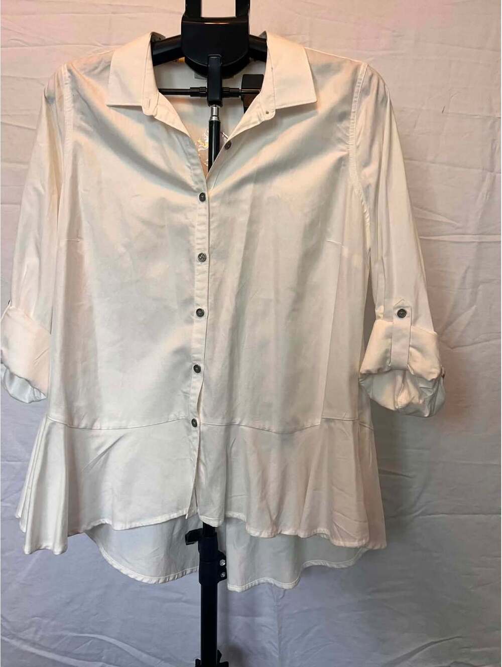 Vintage America Women's White Button-Up Shirt with Roll-Tab Sleeves, Size Medium